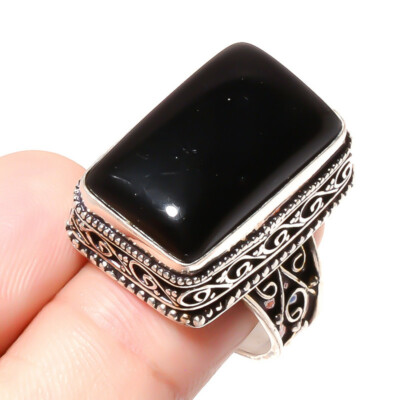 Vintage Style ! Silver Plated Black Onyx Gemstone Handmade Rinng Size 9 Us