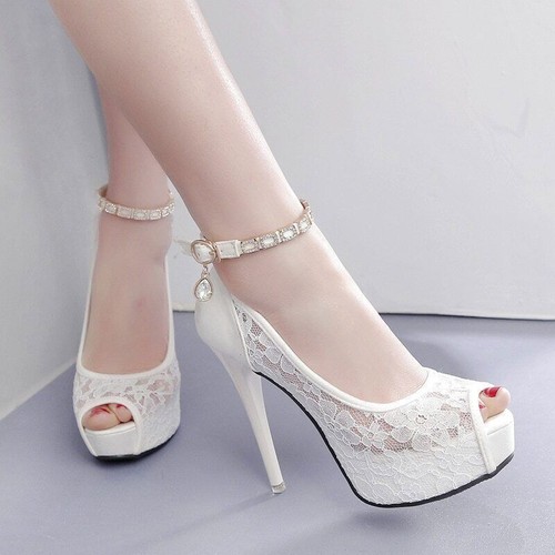 Women Lace Peep Toe High Heels Platform Pumps Ankle Strap