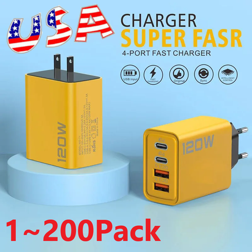 120W 4-Port USB C Fast Wall Charger Block For All Cell Phone iPad Lot