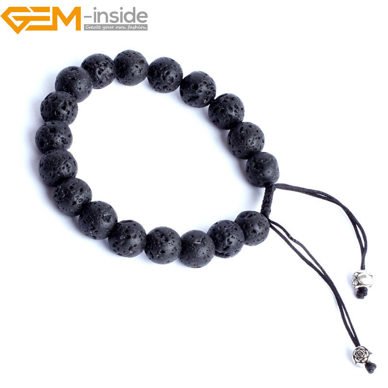 Natural Stone Black Volcanic Lava Sponge Beaded Enegry Stone Bracelet Women 7.5