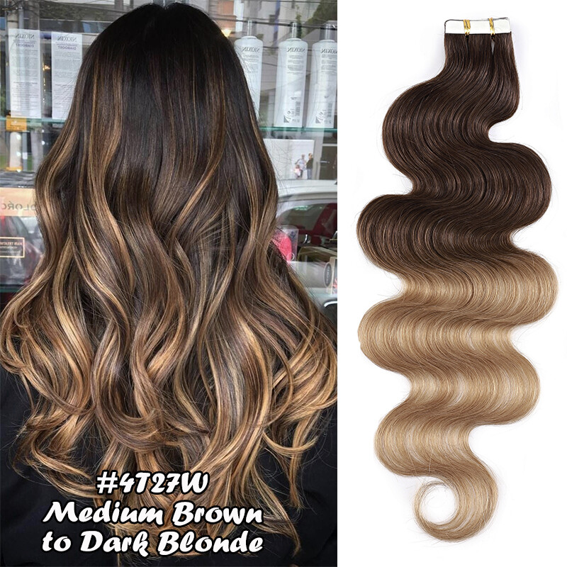 New Ombre Color Tape In Real Remy Human Hair Extensions Brazilian Body Wave Wavy