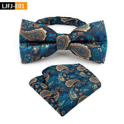 Men's Pre-Tied adjustable Paisley Silk Bow Tie Bowtie Pocket Square Hanky Set