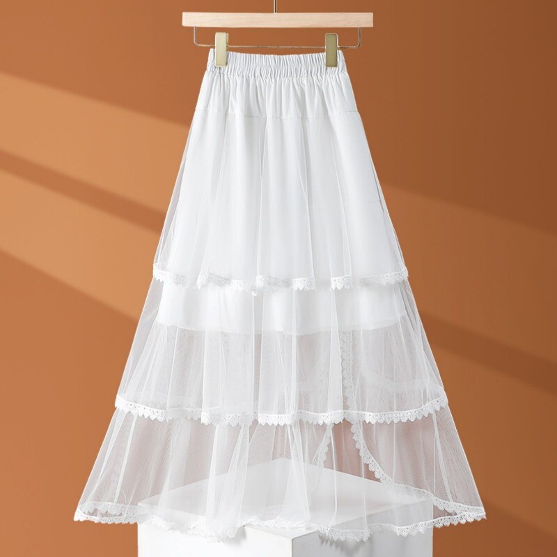 Lady Mesh Sheer Lace Trim Skirt Tiered A-line Half Dress Midi Swing Beach Summer