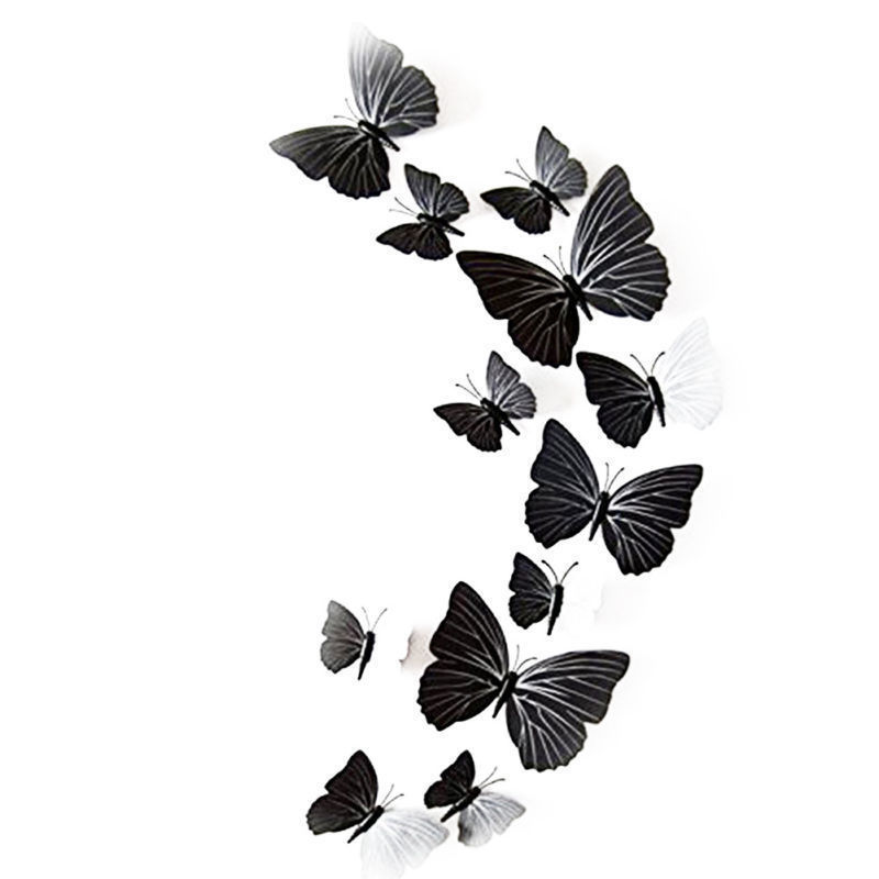 12pcs 3d Butterfly Stickers Diy Wall Stick Black Art Decals For