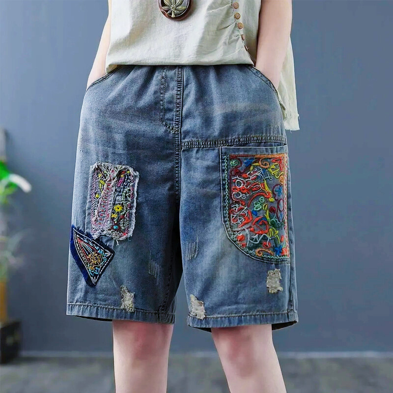lady Denim Shorts Drawstring Jeans Retro Casual Embroidery Cropped Pants Summer
