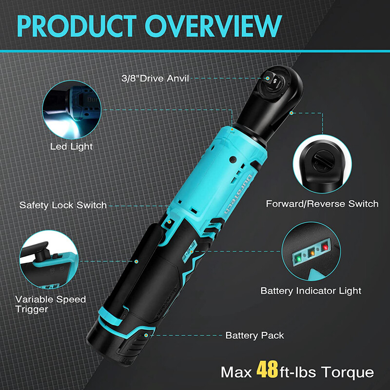 DURATECH 48 Ft-lbs 3/8" Electric Cordless Ratchet Wrench Set 2 Pack 2A Batteries