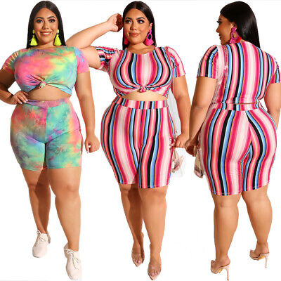 Women Plus Size Tops Pants 2PCS Set Bodycon Casual Costume Floral Dresses Stripe