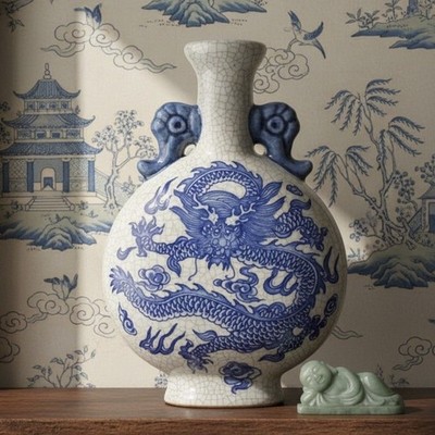 Collect Blue and White Hand Painted Dragon Pattern Porcelain Vase