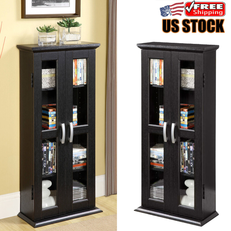 CD DVD Blu-Ray Black Media Tower Storage Cabine Adjustable Shelving with Doors