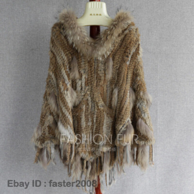 Womens Real Fur Hooded Knit Tassels Cape Casual Loose Outwear Casual Parka Cloak