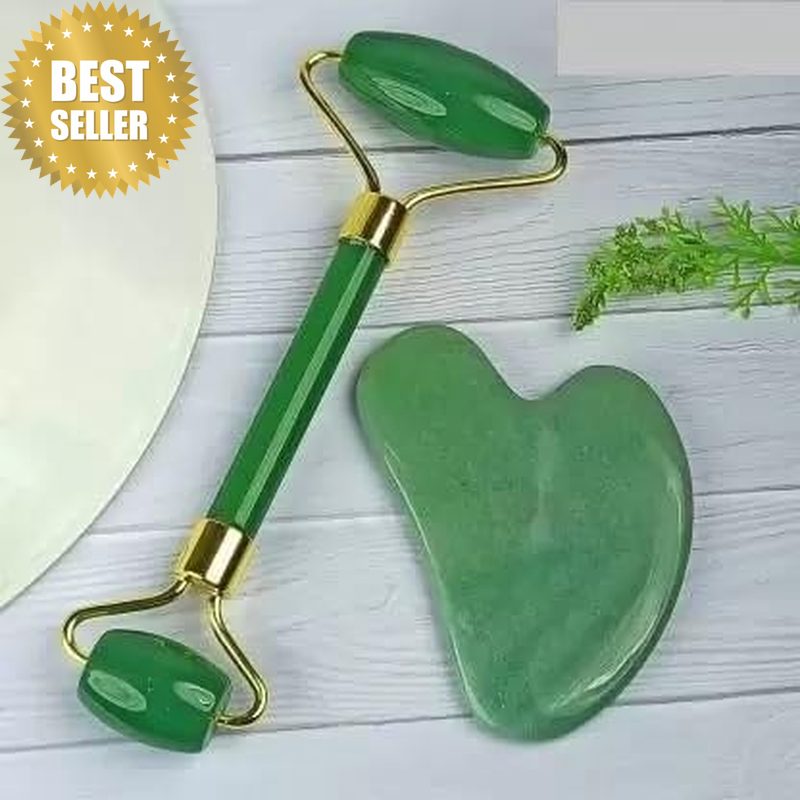 Green Jade Roller & Gua Sha Set, Face Roller Manual Massager,Green Jade Applicat