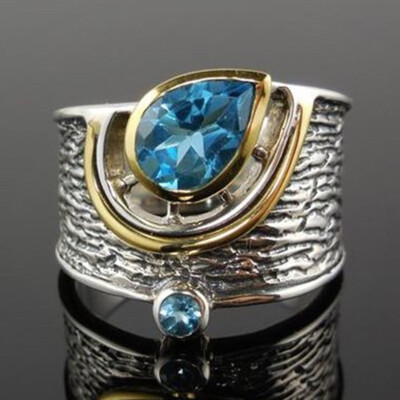Two Tone 925 Silver Ring Pear Cut Cubic Zircon Elegant Women Gift Sz 6-10
