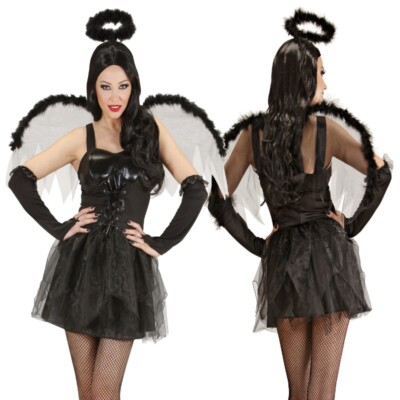 Schwarzer Engel Kostüm Damen – 7-teiliges Halloween Set In Einheitsgröße, Inkl. Flügel, Halo & Maske