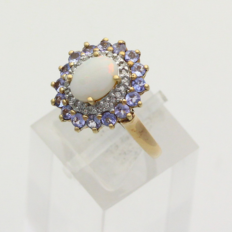 Unique 10k Yellow Gold Opal, Tanzanite & Diamond Ring - Size 7