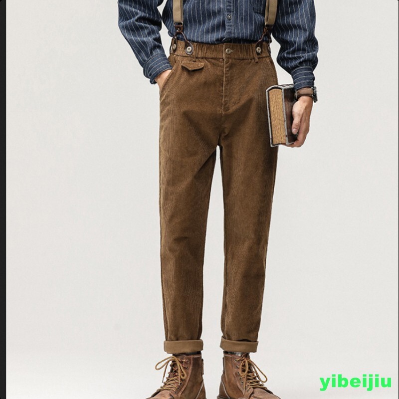 Mens British Vintage Corduroy Straight Pants Suspender