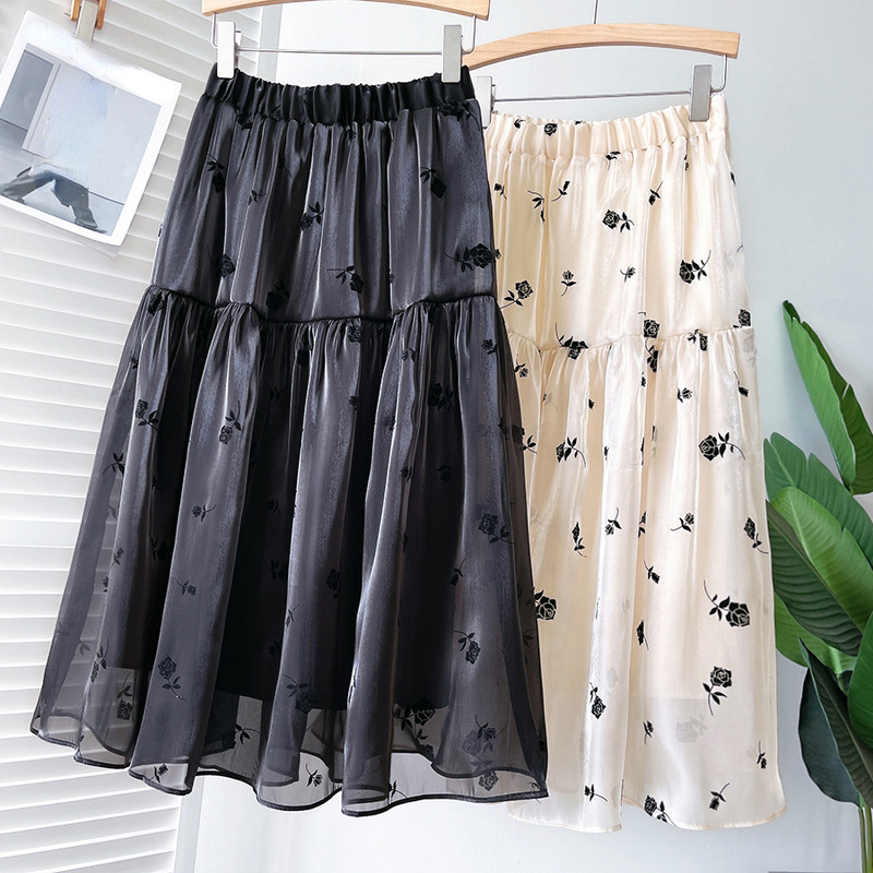 Women Rose Organza Skirt Mesh Midi Elastic Waist Swing A-line Fairy Elegant