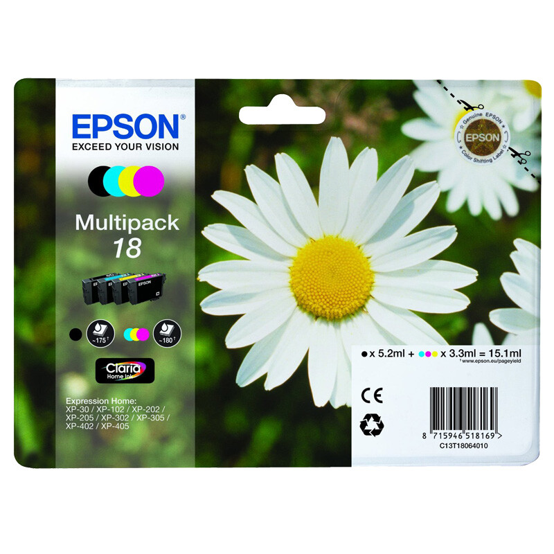 Epson T1806 Multipack 18 Claria Home Vierfarbige Tintenpatronen 15,1ml