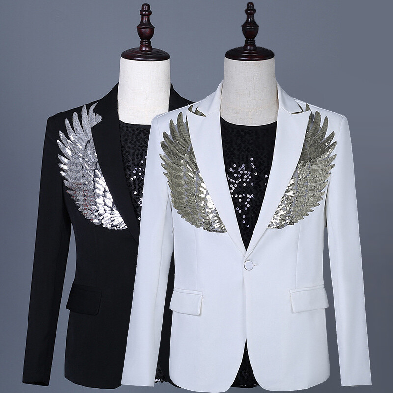 Mens Sequin Wing Embroidery Suit Jacket Notch Lapel Tailored Blazer Top Coat