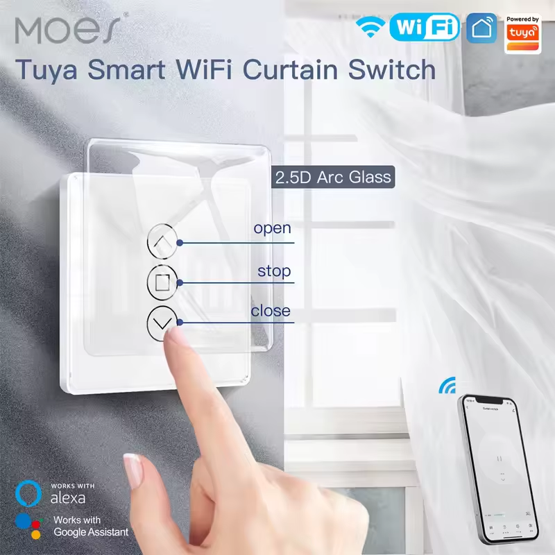 TUya WiFi Smart 2.5D Arc Glass Touch Curtain Switch for Roller Blinds Shutters S