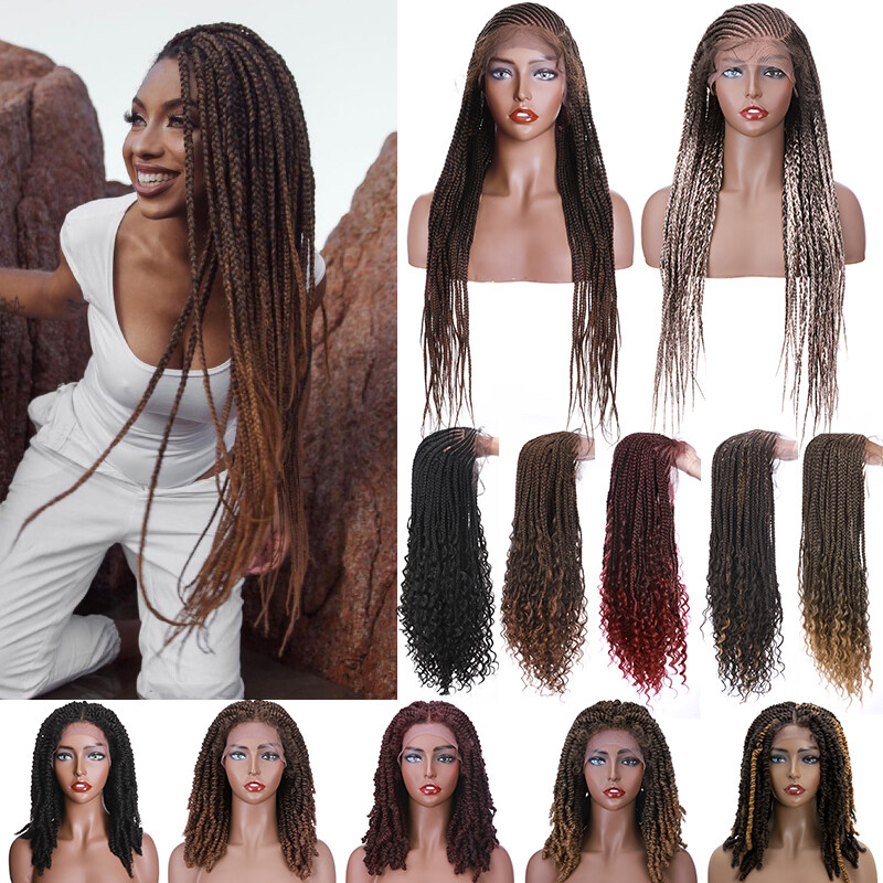 Black Micro Box Braids Lace Front Wigs for Human Full Braided Wig with Baby Hair