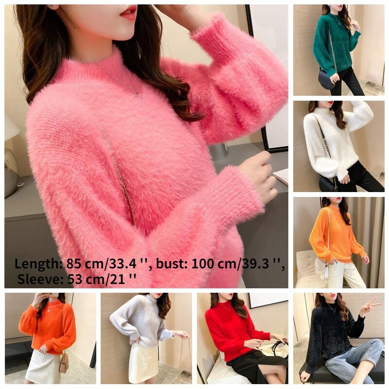 Women Faux Mohair Sweater Jumper Puff Sleeve Turtle Neck Fluffy Pullover