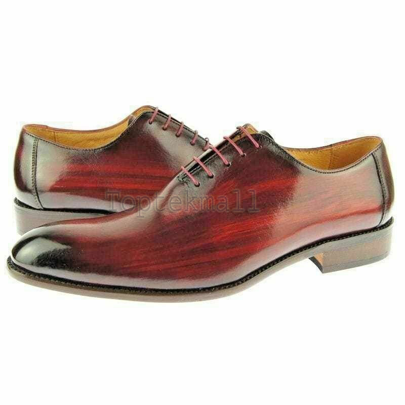 Pre-owned Handmade Men's Leather Two Tone Burgundy Formal Wingtip Oxford Dress Shoes-96 In Red