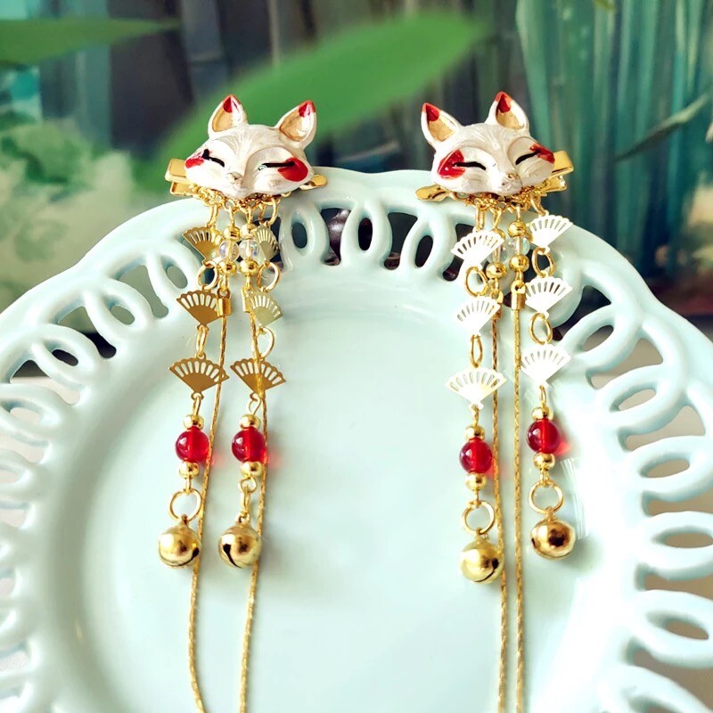 2X Fox Rabbit Hair Pin Clip Accessories Tassel Japanese Ancient Hanfu Vintage
