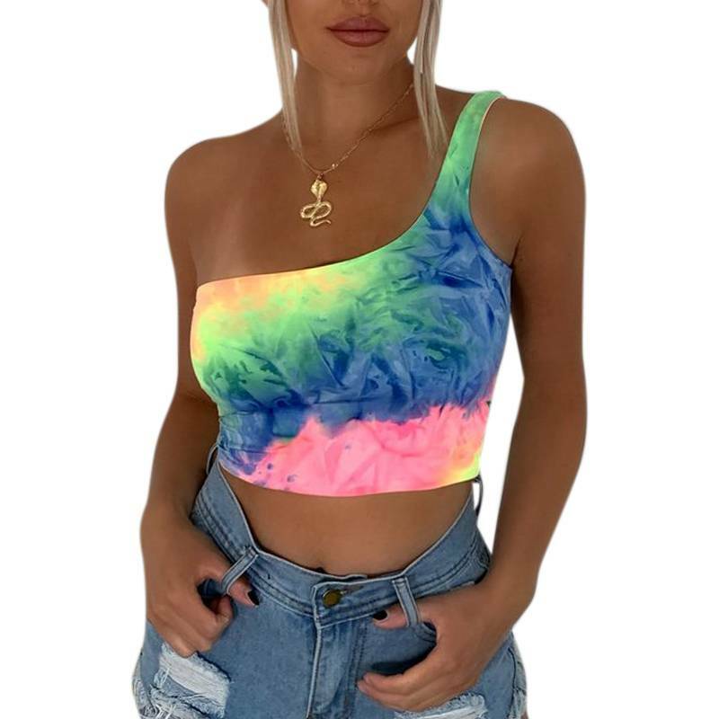 Damen Sommer Tie Dye Ärmellos Bauchfrei Crop Tops T-Shirt Freizeit Bluse Tanktop