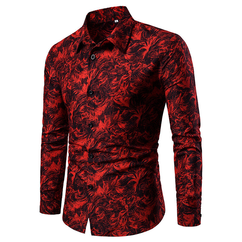 Camicia da Uomo Basic Top Floreale Manica Lunga Slim Fit Moda con Bottoni M-4XL