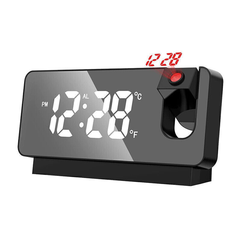 LED Mirror Projection Alarm Clock Thermometer Digital Snooze Rotated Display USB