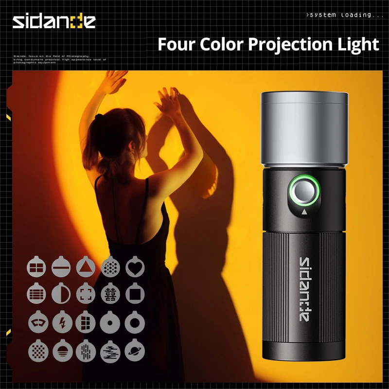 SIDANDE 10W Flashlight Four Color Projection Light Built-in 8400mAh Rechargeable