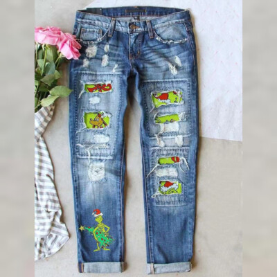 The Grinch Print Merry Christmas Ripped Patchwork Womens Casual Jeans Pants