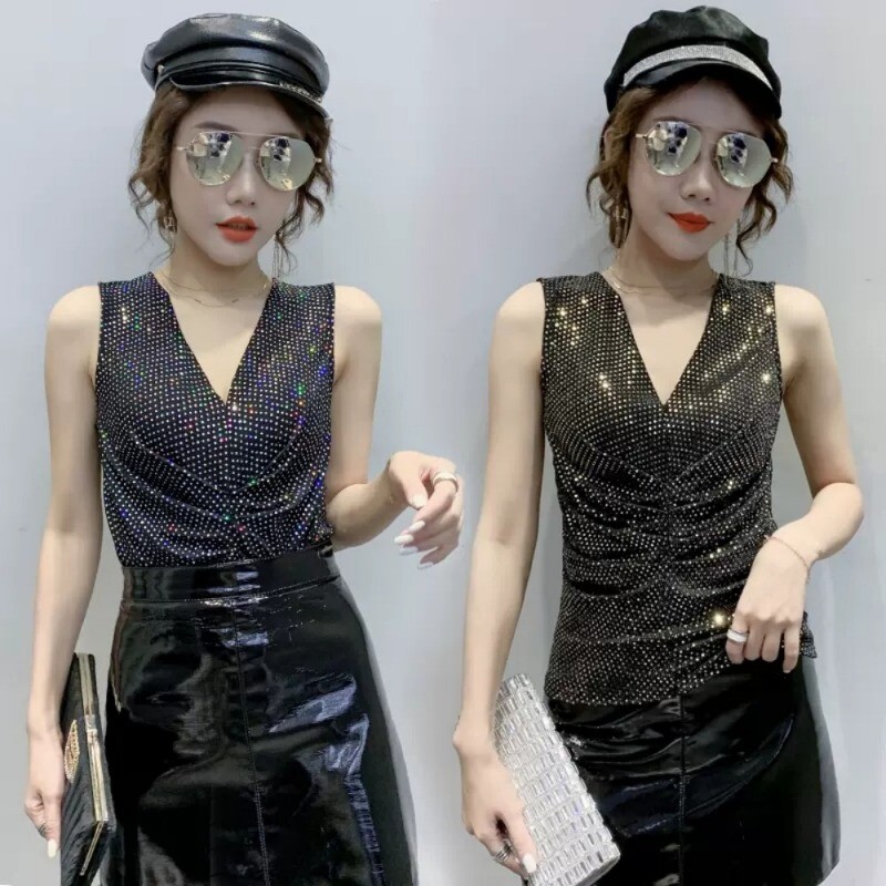 Lady Shiny Sequin Tank Top V Neck Pleated Vest Slim Fit Sleeveless Clubwear Sexy