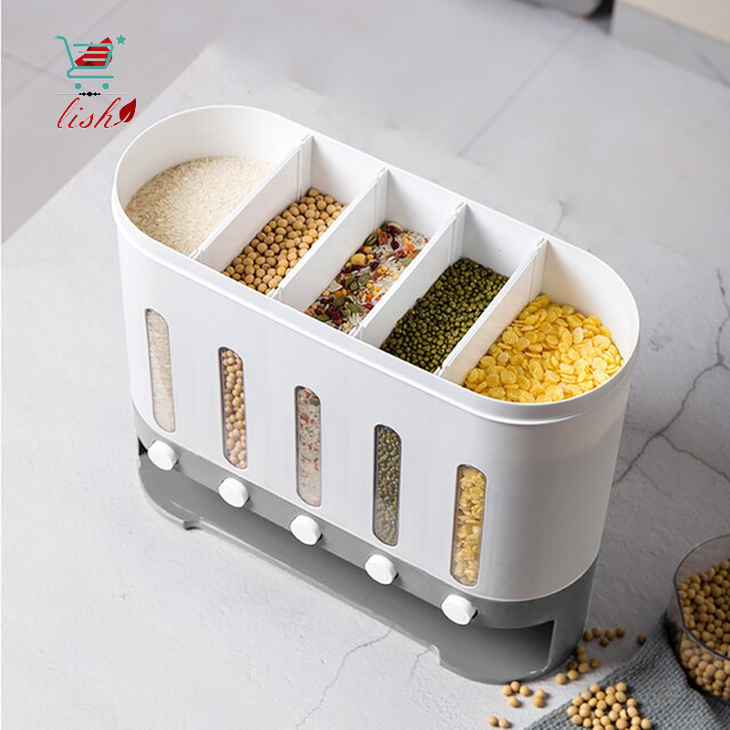 5 Grid 10L Cereal Dispenser Dry Food Coffee Bean Storage Con