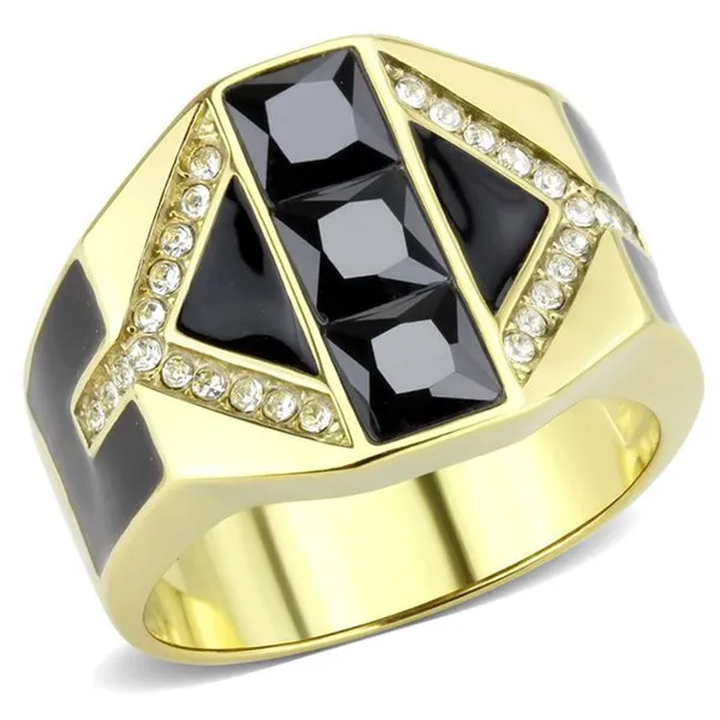 Men IP Gold Stainless Steel Ring with AAA Grade CZ in Black Diamond - Size 13