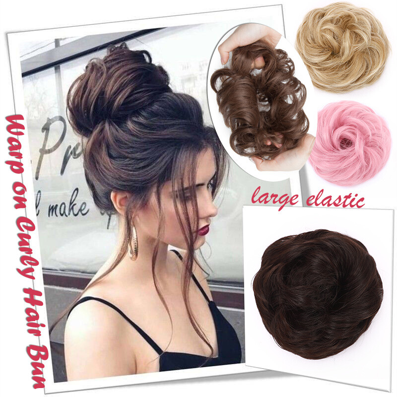 Real Natural Curly Messy Bun Hair Piece Scrunchie Warp on Hair Extensions Updo