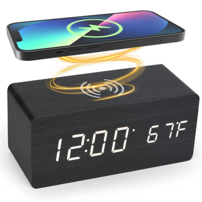 Digital Alarm Clock Wireless Charger USB Charging Large Number LED Display 