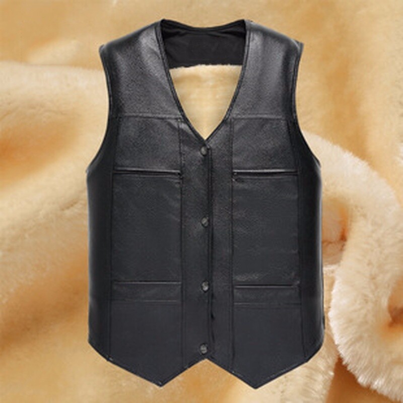 Men Faux Leather Waistcoat Motorcycle Vest Fleece Lined V Neck Multi Pockets