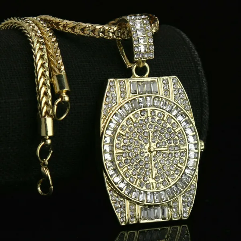 14K Gold PT Watch Fully Diamond Lad Cut Pendant Hip Hop Style 4Mm 24