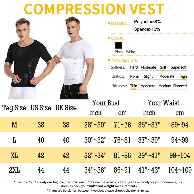 Men' Slimming Body Shaper Compression Shapewear T-Shirt With Hook/Zipper Vest US