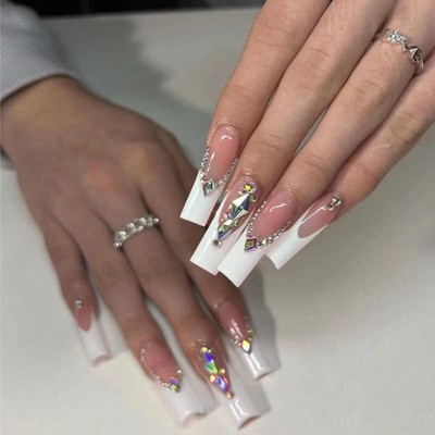 YOSOMK White French Tip Press on Nails Long Pink Fake Nails 