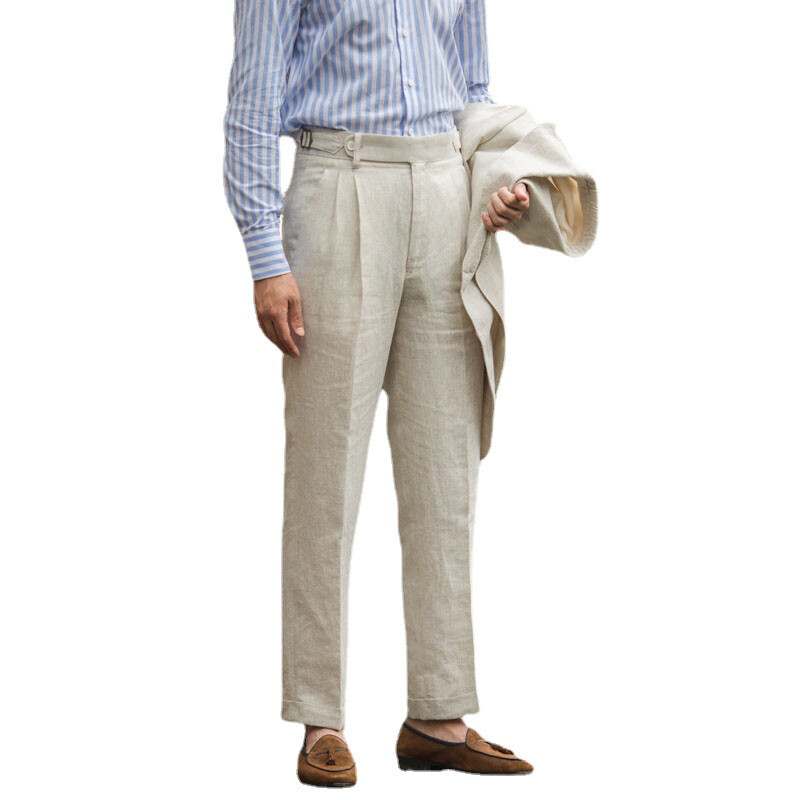 Men Pleated Linen Pants Classic Formal Business Straight Leg