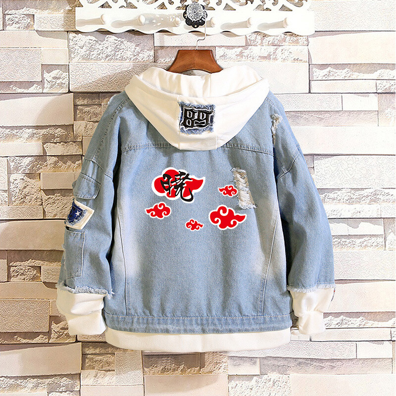 Anime Hokage Akatsuki Red Clouds Denim Hoodie Jean Jackets Ripped