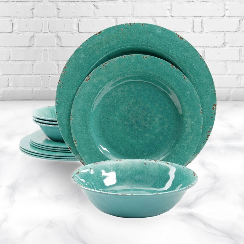 Gibson Studio California Mauna Crackle Set of 12 Melamine Dinnerware in Green