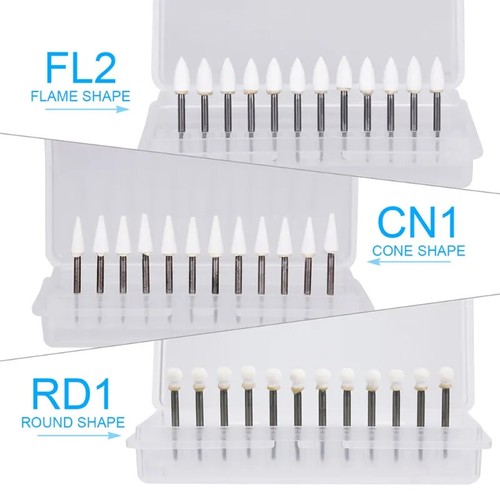 Dental White Stone Polishing Burs Porcelain Resin Handpiece FG Cone/Flame/Round