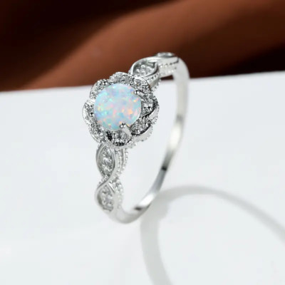 Round Opal Flower Lace Eternity Ring 18K Plated Party Banquet Wedding Engagement