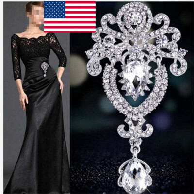Large Flower Bridal Brooch Rhinestone Crystal Diamante Wedding Broach Pin  US