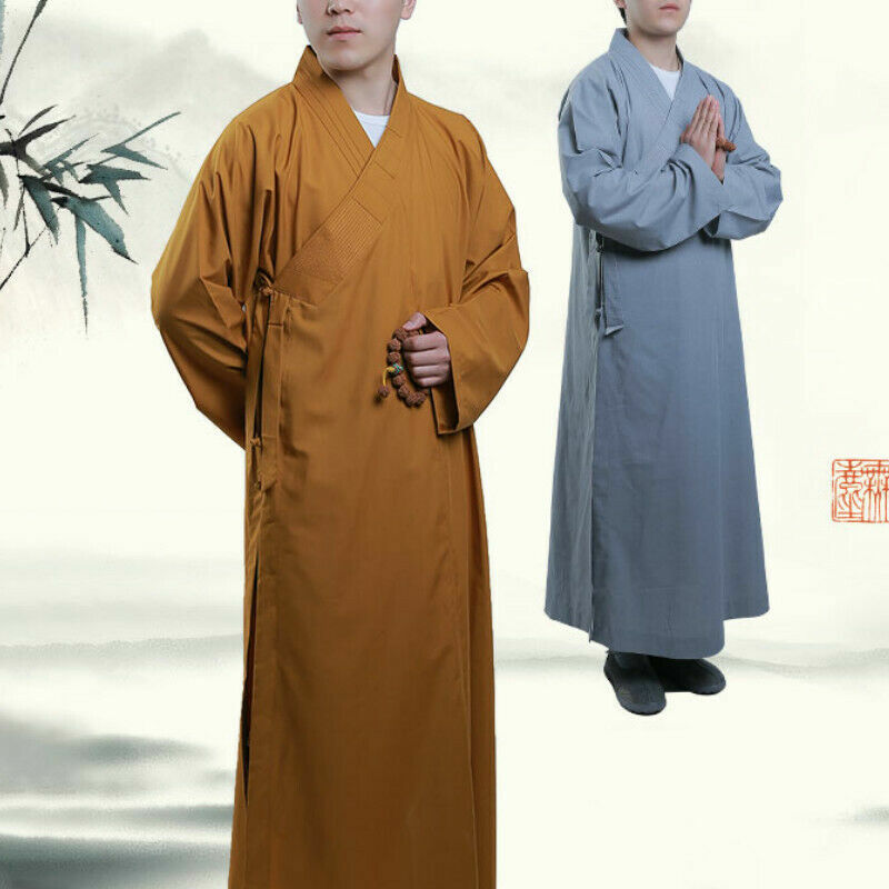 Herren Baumwolle Shaolin Buddhist Mönch Kleid Meditation lang Bademantel Kung Fu
