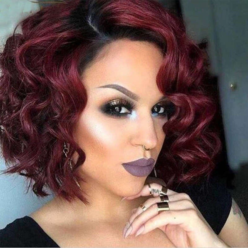 13inch Black Red Short Curly Middle Part Bob Hairstyle Women