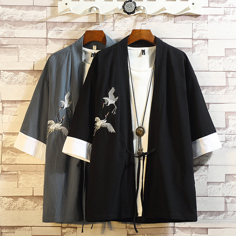 Hommes Broderie Crane Oriental 3/4 Cardigan Manche Kimono Ouvert Avant Yukata